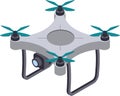 Modern white drone hovering in the air, featuring a camera and striking turquoise propellers, exemplifying advanced