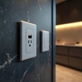Modern white electrical outlet with integrated USB, Ethernet port mounted on dark marble-patterned wall. Features clean, Royalty Free Stock Photo