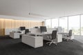 Modern white empty office interior with work space computers and furniture. 3D render Royalty Free Stock Photo