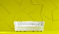 Modern white fabric sofa chesterfield style in lemon yellow room interior with structured cracked wall. 3d render