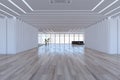 Modern glass office and meeting room interior with wooden parquet flooring, panoramic windows and furniture. 3D Rendering Royalty Free Stock Photo