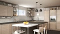 Modern white and gray kitchen with wooden details and parquet floor, modern pendant lamps, minimalistic interior design concept