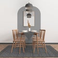 Modern white, gray and wooden dining room with table set and vintage scandinavian chair, empty space with carpet, door, mirror and