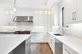 Modern white and grey kitchen with stainless steel appliances. Royalty Free Stock Photo