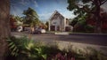 modern house cars and people in the village with trees foreground 3d illustration