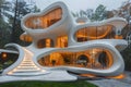 Modern white house with a unique curved futuristic architecture. Housing in the forest.
