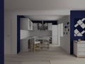 Modern white kitchen with bar table in white and blue studio flat