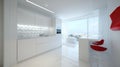 Modern white kitchen, city view, red accents, design Royalty Free Stock Photo
