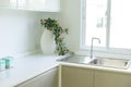 Modern white kitchen with counter and white details, minimalist interior