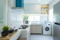 Modern white kitchen with counter and white details, minimalist interior