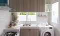 Modern white kitchen with counter and white details, minimalist interior