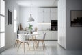 Modern white kitchen and dining room interior with furniture and kitchenware, kitchen interior background, luxury kitchen, Royalty Free Stock Photo