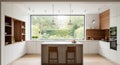 Modern White Kitchen with Large Window Overlooking Lush Green Garden and Island with Stools interior Royalty Free Stock Photo