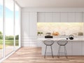 Modern white kitchen with nature view 3D render Royalty Free Stock Photo
