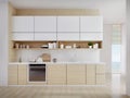 Modern white kitchen near window with a wooden floor,countertops with wooden cupboards,,set of kitchen equipment. Royalty Free Stock Photo