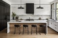 modern white kitchen with sleek black appliances and accents