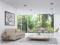 Modern white living and dining room with nature view 3d render image Royalty Free Stock Photo