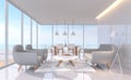 Modern white living and dining room with sea view 3d rendering image.There are large window overlooks to sea view. Royalty Free Stock Photo