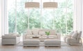 Modern white living room in the forest 3d rendering image Royalty Free Stock Photo