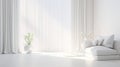 a modern white living room interior. Showcase the beauty of the room with large, billowing curtains on the window that Royalty Free Stock Photo