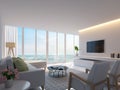 Modern white living room with sea view 3d rendering image Royalty Free Stock Photo