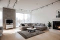 Modern white loft apartment interior, living room, hall, staircase, fireplace panorama ing Royalty Free Stock Photo
