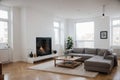 Modern white loft apartment interior, living room, hall, staircase, fireplace panorama ing Royalty Free Stock Photo