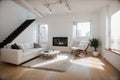 Modern white loft apartment interior, living room, hall, staircase, fireplace panorama ing Royalty Free Stock Photo