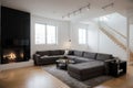 Modern white loft apartment interior, living room, hall, staircase, fireplace panorama ing Royalty Free Stock Photo