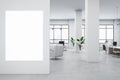 Modern white loft coworking office interior with blank mock up banner on wall, panoramic windows, furniture, equipment and no Royalty Free Stock Photo