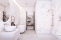 Modern white marble bathroom with geometric patterns and luxurious gold fittings. Clean, urban elegance. Royalty Free Stock Photo