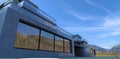 A modern white marble estate in the Caucasus Mountains. Long terraces fenced with glass and metal. Large reflective windows. 3d