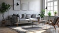 Modern, white minimalist interior with kitchen, sofa, wood floor, wall panels. AI Generative Royalty Free Stock Photo