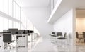 Modern white office 3d render.The room has a high ceiling and a mezzanine.