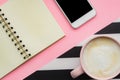 Modern white office desk table with smartphone and cup of coffee. Blank notebook page for input the text. Top view, flat lay Royalty Free Stock Photo