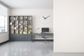 Modern white office interior with blank mock up place on wall, bookcase, window with city view, workplace with computer, other Royalty Free Stock Photo