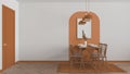 Modern white, orange and wooden dining room with table set and vintage scandinavian chair, empty space with carpet, door, mirror