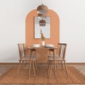 Modern white, orange and wooden dining room with table set and vintage scandinavian chair, empty space with carpet, door, mirror