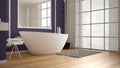 Modern white and purple bathroom in classic room, wall moldings, parquet floor, bathtub with carpet and accessories, minimalist