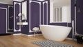 Modern white and purple bathroom in classic room, wall moldings, parquet floor, bathtub with carpet and accessories, minimalist