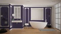 Modern white and purple bathroom in classic room, wall moldings, parquet floor, bathtub with carpet and accessories, minimalist