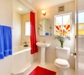 Modern white and red beautiful bathroom. Royalty Free Stock Photo