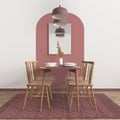 Modern white, red and wooden dining room with table set and vintage scandinavian chair, empty space with carpet, door, mirror and