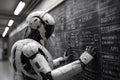 modern white robot teacher professor teaches at blackboard in a college classroom in class Royalty Free Stock Photo