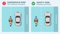 Modern white sedan car and sport motorcycle on a city highway. Safety and dangerous ride. Keep a safe distance infographic.