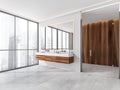 Modern white shower room with wood details. Corner view Royalty Free Stock Photo