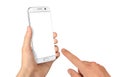 Modern white smart phone in man hand. Isolated white screen for mockup. Royalty Free Stock Photo