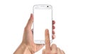 Modern white smart phone in man hand. Isolated white screen for mockup Royalty Free Stock Photo