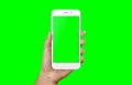 Modern white smart phone in woman hand. Isolated screen and background in green Royalty Free Stock Photo