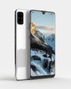 Modern white smartphone with multiple rear cameras and mountain landscape on screen representing technology, photography, and Royalty Free Stock Photo